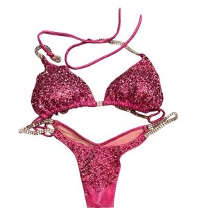 Custom Pink Rhinestone NPC IFBB Competition Bikini Set with Travel Case Womens